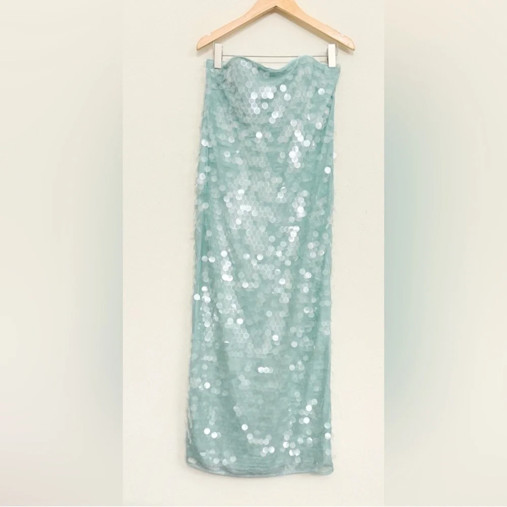 STAUD Casey Strapless Sequin Midi Dress in Mist Aqua Size 8 - Picture 7 of 17